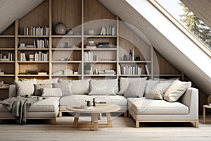 Corner sofa and rustic coffee table against wood lining wall with book shelves, Scandinavian home interior design of modern room