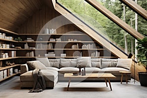 Corner sofa and rustic coffee table against wood lining wall with book shelves, Scandinavian home interior design of modern room