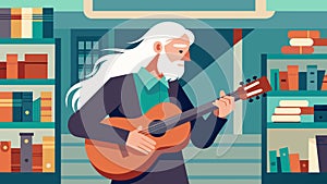 In a corner of the store a man with long gray hair strums a guitar serenading customers as they browse through the photo