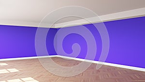 Corner of the Sunny Room with Violet Walls, a White Ceiling and Cornice