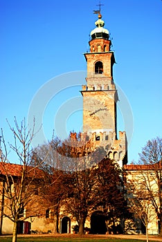 Corner tower and bell tower in the courtyard of the castle of Vigevano near Pavia in Lombardy (Italy)