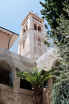 Corner tower of the Evangelical Lutheran Church of the Redeemer in the old city of Jerusalem, Israel.