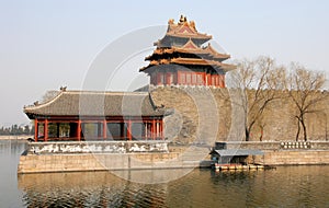 A corner tower of the Forbidden City in Beijing, China.