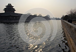 A corner tower of the Forbidden City in Beijing, China.