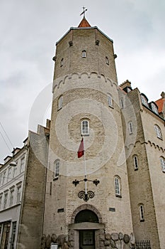 Corner tower which is part of Jensen BÃ¸fhus building at the corner of Nytorv Square, Aalborg, Denmark.