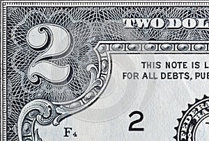 Corner of US two dollar bill macro