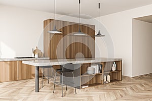 Corner view on bright kitchen room interior with bar stool