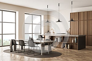 Corner view on bright kitchen room interior with dining table