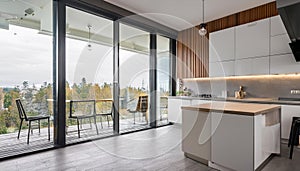 Corner view on bright kitchen room interior with panoramic window