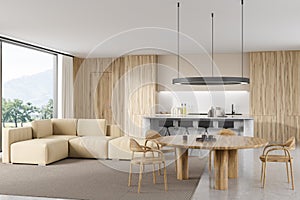 Corner view on bright kitchen room interior with panoramic window