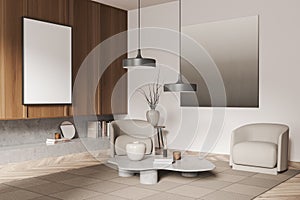 Corner view on bright living room interior with white poster