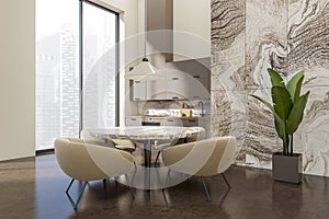 Corner view on bright studio dining and kitchen room interior