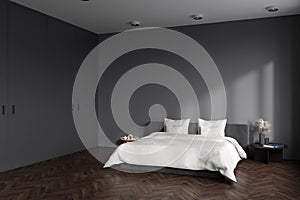 Corner view on dark bedroom interior with empty grey wall