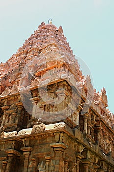 Corner view of the main tower that is called vimana with sculptures in the Brihadisvara Temple in Gangaikonda Cholapuram, india.