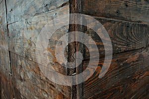 Corner view of a rotten wall made from wood, wooden texture background