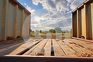 corner view of wooden shipping crate on flatbed railcar