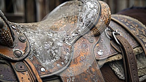 In a corner a weathered saddle stands alone adorned with silver studs and etched designs a symbol of the countless rides