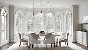 Corner of the white dining room with arched windows