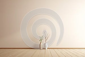 a corner with wooden floor and empty white wall in a bright room