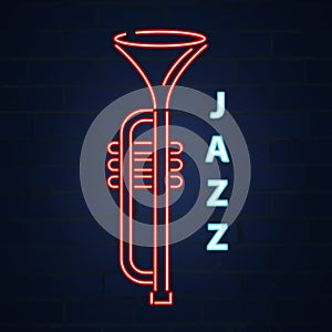 Cornet jazz instrument neon. Jazz music. Vector neon illustration