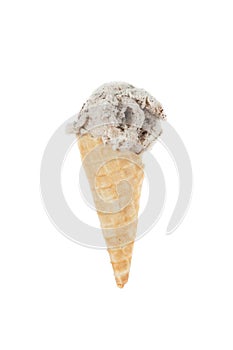 Cornet served with a scoops of ice cream; photo on white background