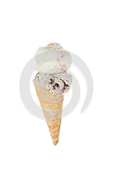 Cornet served with two scoops of ice cream; photo on white background