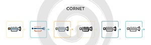 Cornet vector icon in 6 different modern styles. Black, two colored cornet icons designed in filled, outline, line and stroke