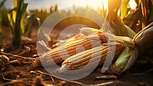 Cornfield with mature corn cobs lying on the ground