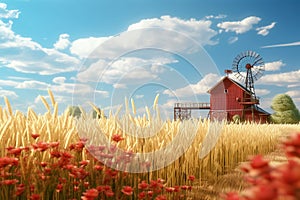 Cornfield with a red barn and a windmill in the