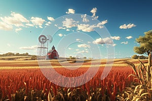 Cornfield with a red barn and a windmill in the