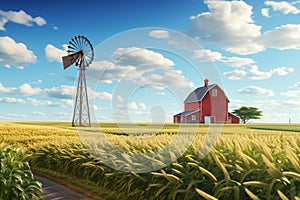 Cornfield with a red barn and a windmill in the