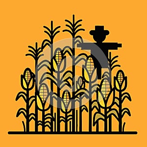Cornfield with Scarecrow Silhouette on Orange Background