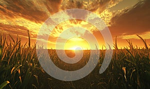 Cornfield at sunset, golden light, dramatic clouds