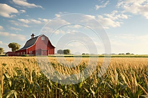 Cornfield with a vintage red barn in the