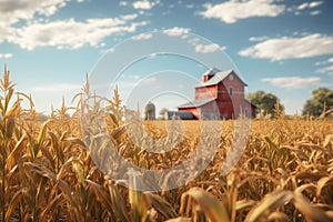 Cornfield with a vintage red barn in the