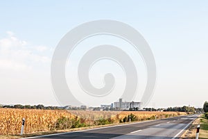 Cornfields, dried, taken on the plains with an industrial grain silo of an agroindustrial production plant, in Voivodina