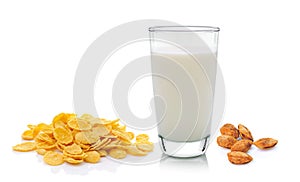 Cornflake milk and almond on white background