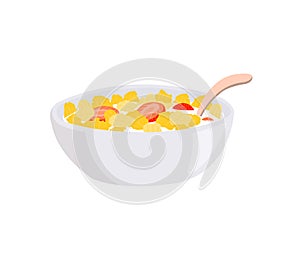 Corn flakes and strawberry in a bowl with milk and spoon isolated on white background.