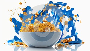 cornflakes in blue bowl. Breakfast cereal with splashing milk isolated on white background. Generative ai