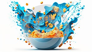 cornflakes in blue bowl. Breakfast cereal with splashing milk isolated on white background. Generative ai