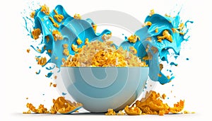 cornflakes in blue bowl. Breakfast cereal with splashing milk isolated on white background. Generative ai