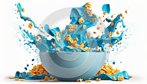 cornflakes in blue bowl. Breakfast cereal with splashing milk isolated on white background. Generative ai