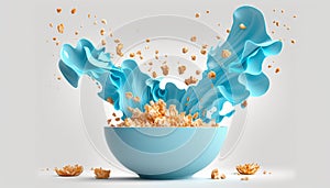 cornflakes in blue bowl. Breakfast cereal with splashing milk isolated on white background. Generative ai
