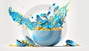 cornflakes in blue bowl. Breakfast cereal with splashing milk isolated on white background. Generative ai