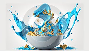 cornflakes in blue bowl. Breakfast cereal with splashing milk isolated on white background. Generative ai