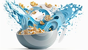 cornflakes in blue bowl. Breakfast cereal with splashing milk isolated on white background. Generative ai