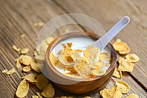 Cornflakes bowl breakfast food and snack for healthy food concept, morning breakfast fresh whole grain cereal, cornflakes with