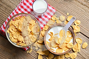 Cornflakes bowl breakfast food and snack for healthy food concept, morning breakfast fresh whole grain cereal, cornflakes with