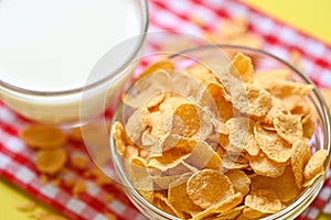 Cornflakes bowl breakfast food and snack for healthy food concept, morning breakfast fresh whole grain cereal, cornflakes with