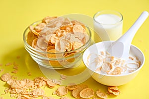Cornflakes bowl breakfast food and snack for healthy food concept, morning breakfast fresh whole grain cereal, cornflakes with